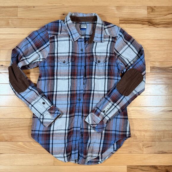 Men S Kavu Multicolor Plaid Button-Down Shirt Long Sleeve Cotton Elbow Patch - Picture 1 of 6